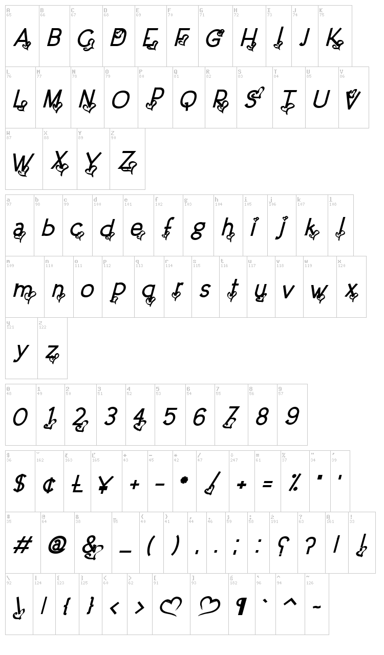Dream Love Valentine font map